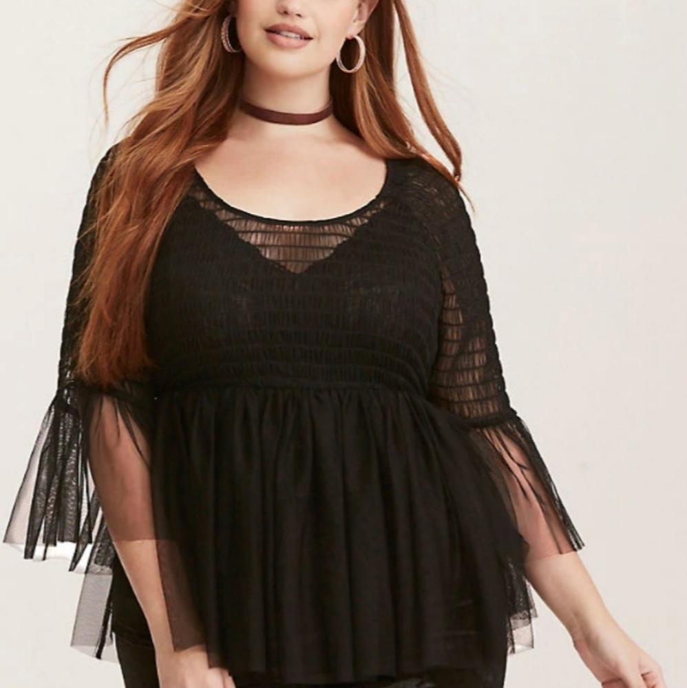 Torrid black mesh smocked blouse